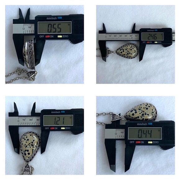 Artisan Silver Plated Bezel Set 2.46" Teardrop Dalmatian Jasper Pendant Necklace - Picture 10 of 16